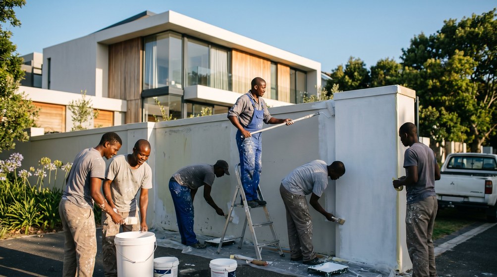 Professional team painting a boundary wall at a modern home in Parow