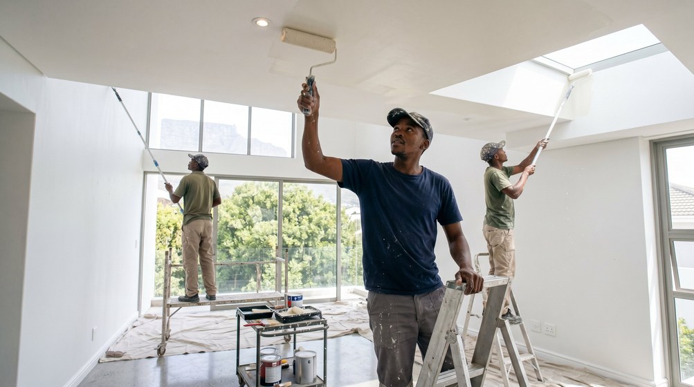 Professional ceiling painters rolling white paint onto a high ceiling in Parow