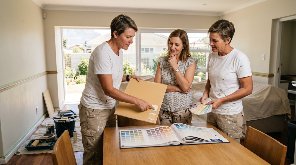 Professional colour consultant showing paint swatches to a homeowner in Parow