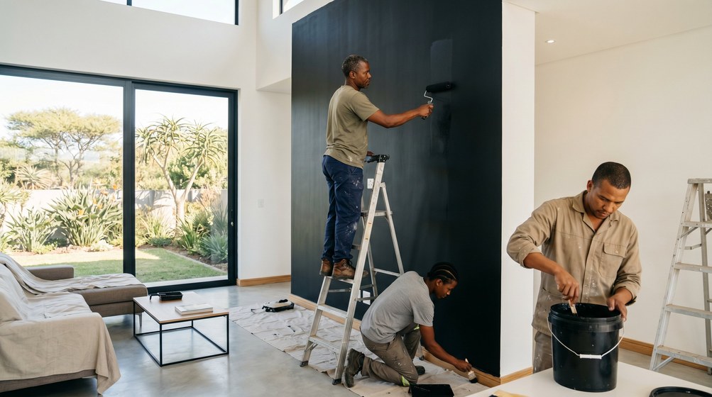 Professional painters creating a bold black feature wall in a modern Parow home