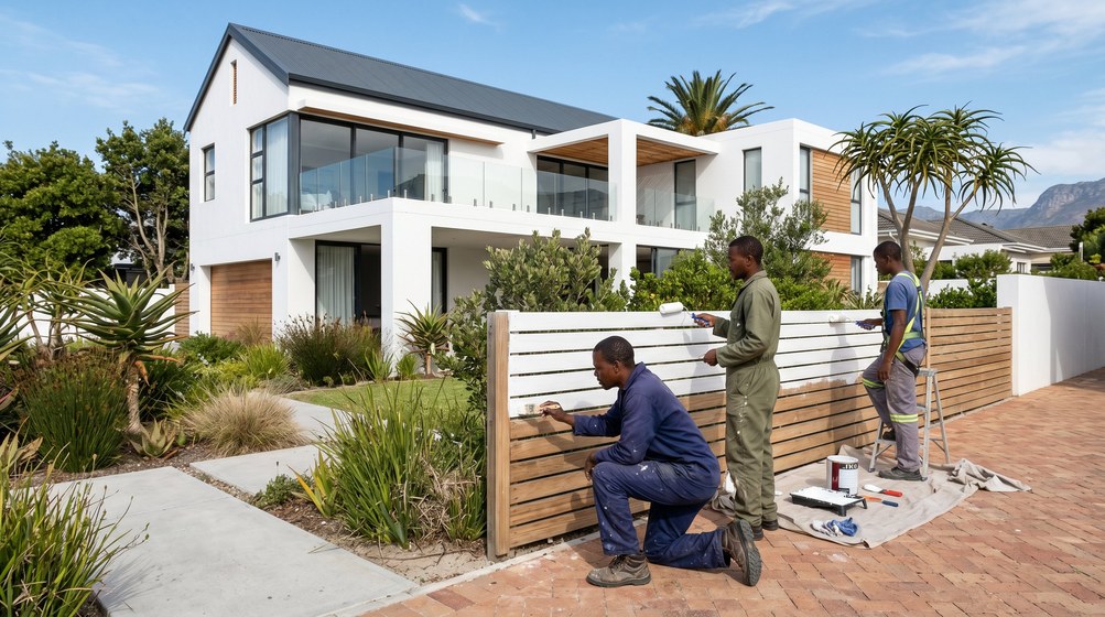 Professional fence painters painting a wooden fence at a coastal home in Parow