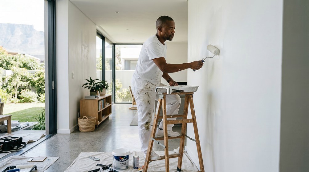 Professional interior painter in Parow painting walls with a roller
