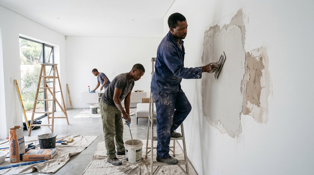 Professional plaster repair team skim coating damaged walls in Parow