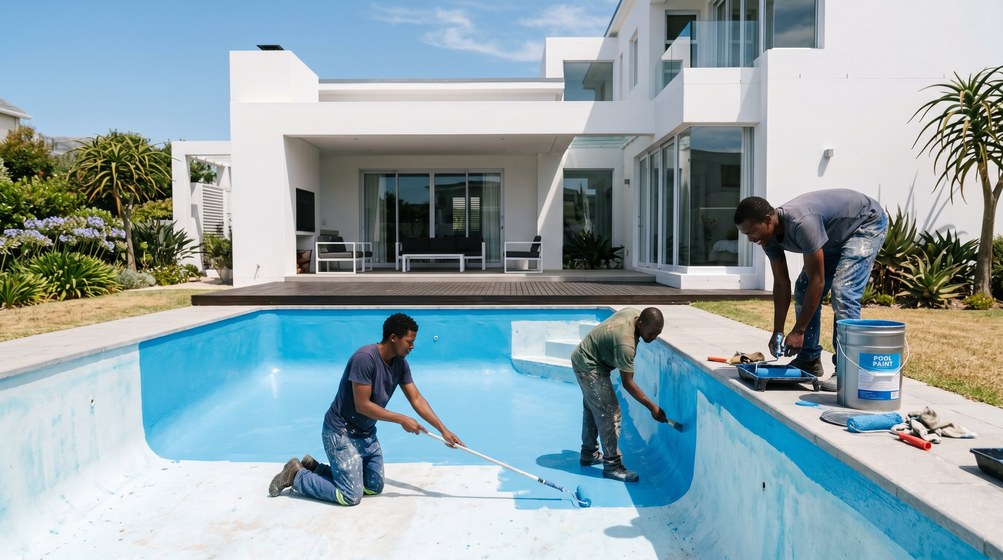 Professional pool painters applying blue pool paint to a swimming pool in Parow