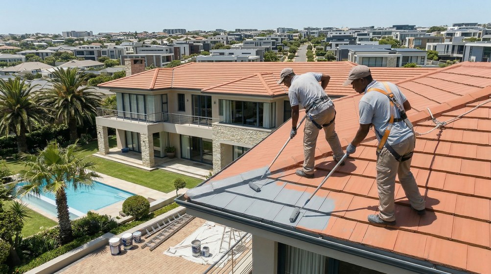 Professional roof painters applying waterproof coating to tiled roof in Parow