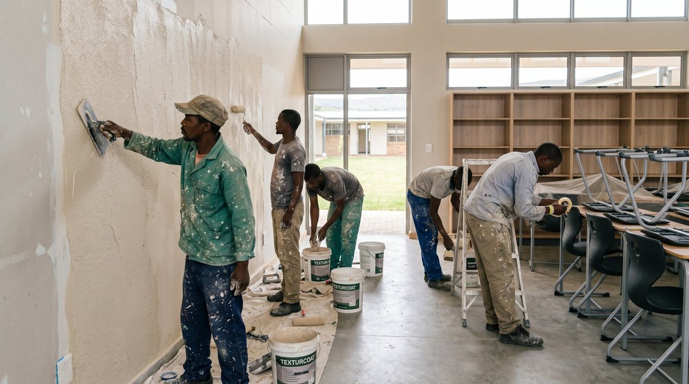 Professional texture coating team applying Texturcoat to interior walls in Parow