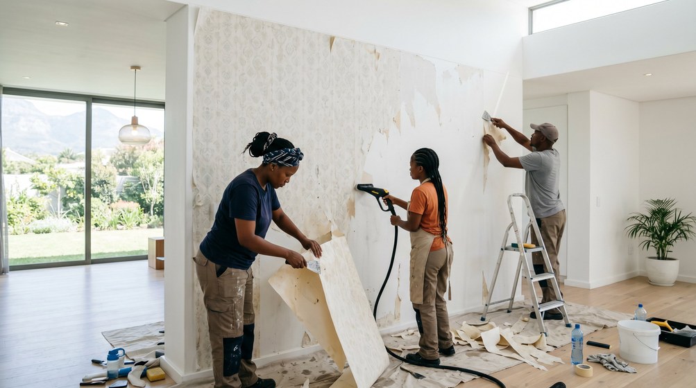 Professional wallpaper removal team stripping old wallpaper in a Parow home