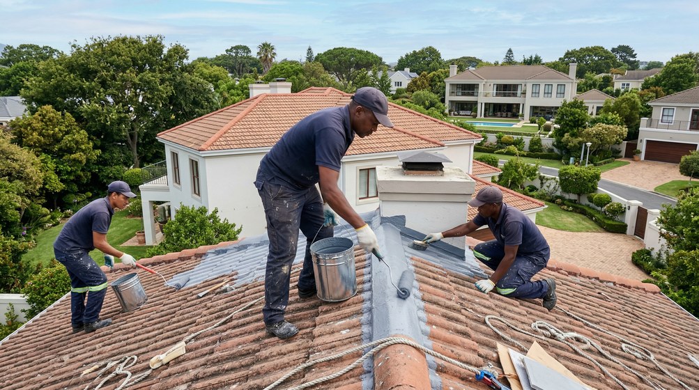 Professional waterproofing team applying membrane to roof in Parow