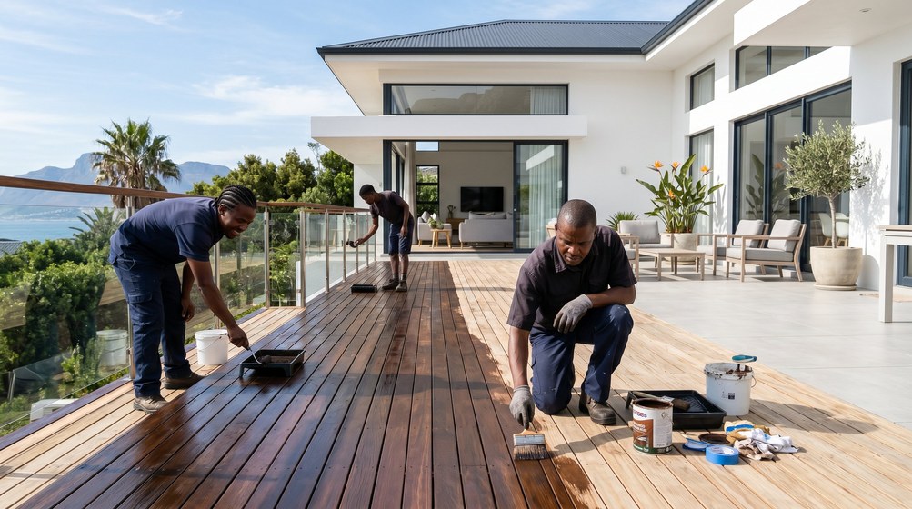 Professional wood staining team applying deck stain overlooking the ocean in Parow